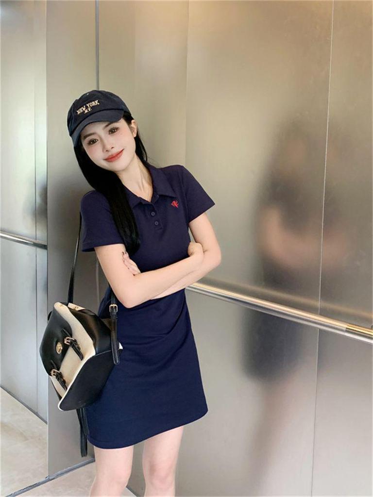 Women's Embroidered Polo Collar Short-Sleeved T-Shirt Dress - Waist-Cinching Slim Summer Long Skirt, Academy Style.