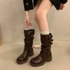 Belt Buckle Pleated Martin Boots Women's 2024 New Retro Fashion Temperament Medium Boots Thick Heel Thick Sole Fashion Boots Tide