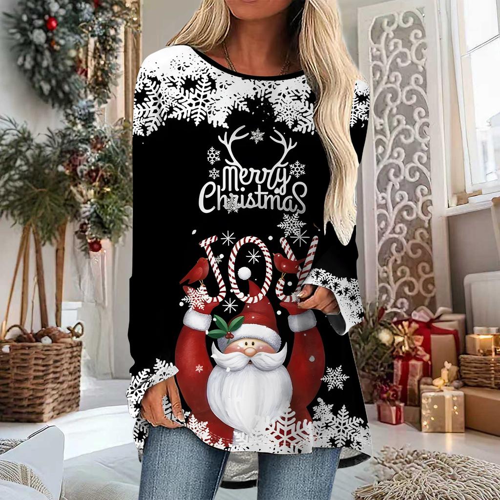 Plus Size Women Spring Christmas Snowman Printed Comfy Long Sleeve Round Collar T-shirt Casual Baggy Mid Length Tee Tops