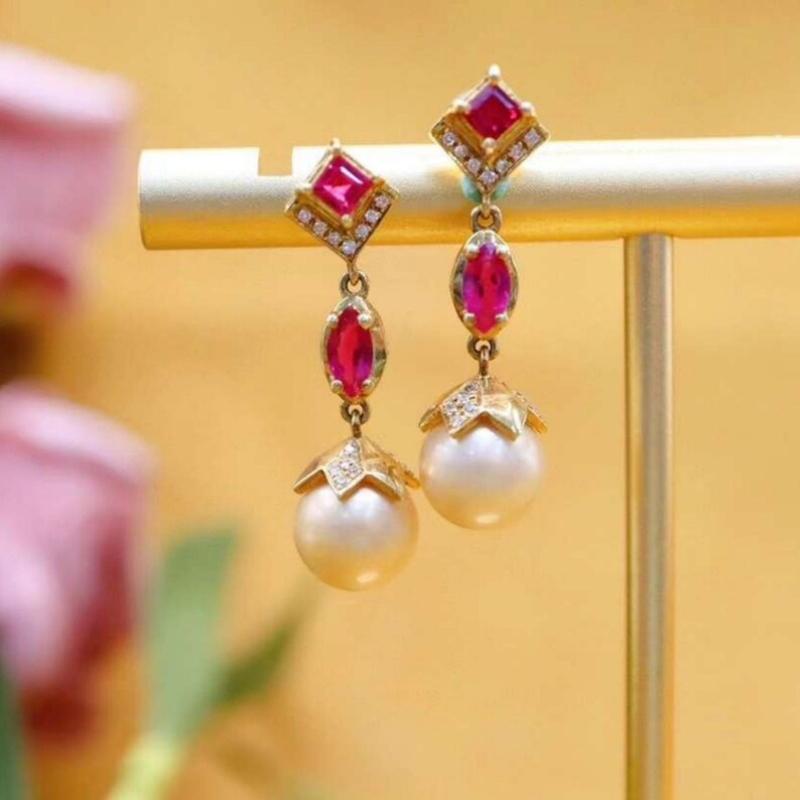 Sweet Romantic Inlaid Rose Red Zircon Imitation Pearl Pendant Earrings for Ladies Exquisite  Holiday Party Jewelry Gift