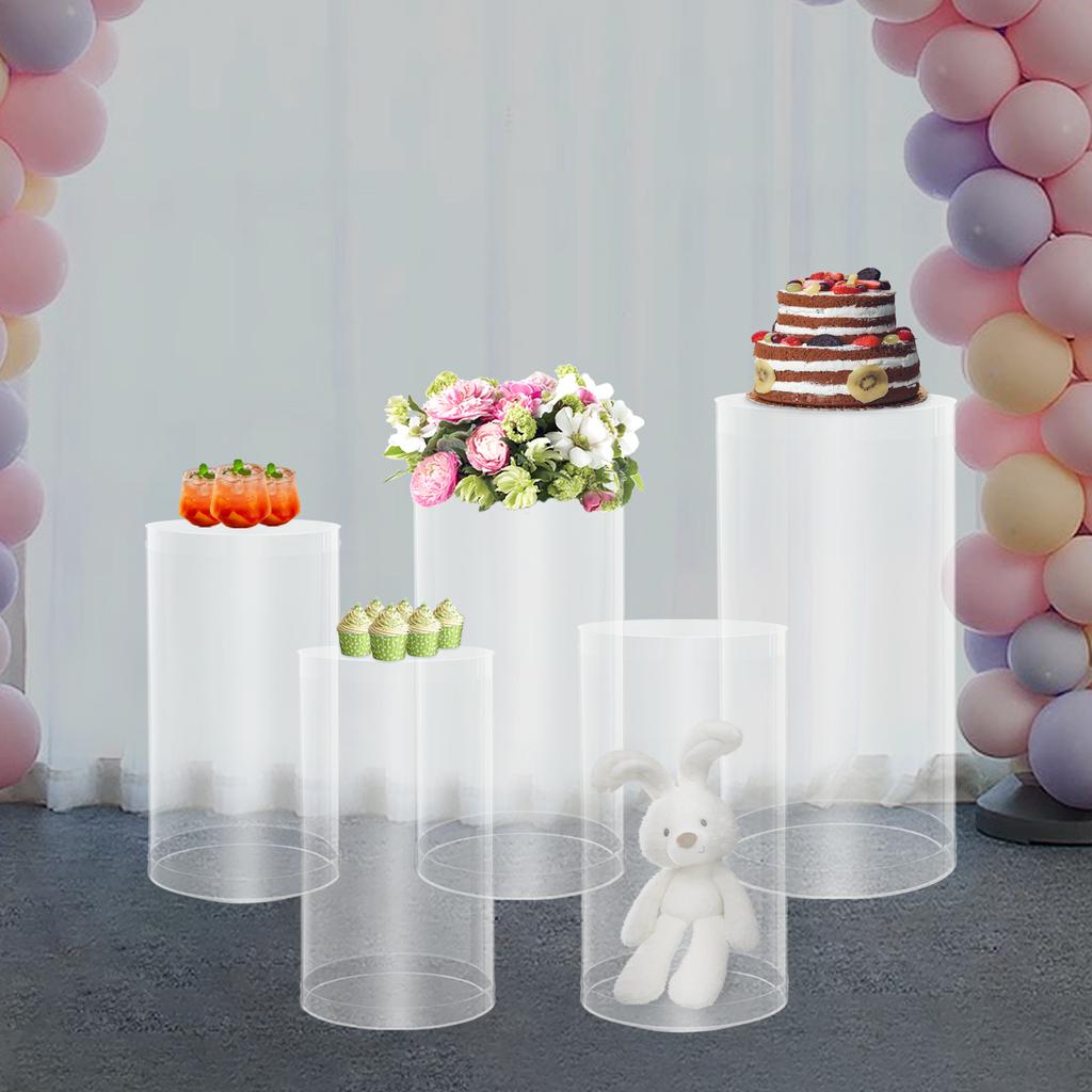 5 pcs Clear Acrylic Pedestal Display Stands Set Clear Cylinder Pedestal Stands Large Cylinder Plinths for Event Decoration