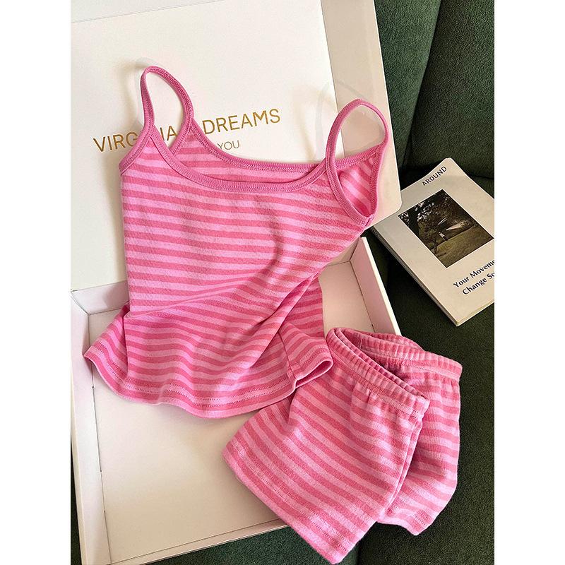 Dulces pijamas de rayas rosas y blancas estilo niña para mujer, verano, tirantes, pantalones cortos, traje fino y delgado para estar en casa, ropa exterior