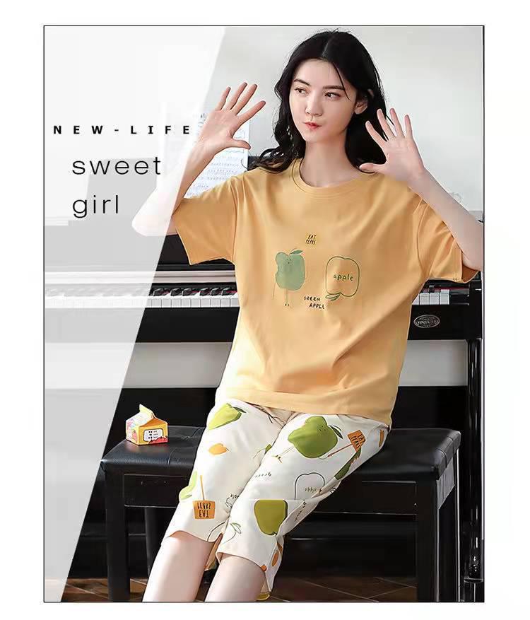 Korean Style Women's Summer Pajama Set – Imitation Cotton, Short Sleeve, Capri Pants, Thin, Cute, Plus Size