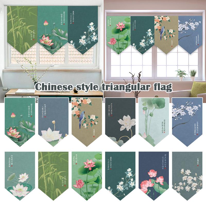 Chinese Half Curtain Ancient Style Lotus Printed Pennant Kitchen Door Short Curtain Home Bedroom Window Decor Window Shade