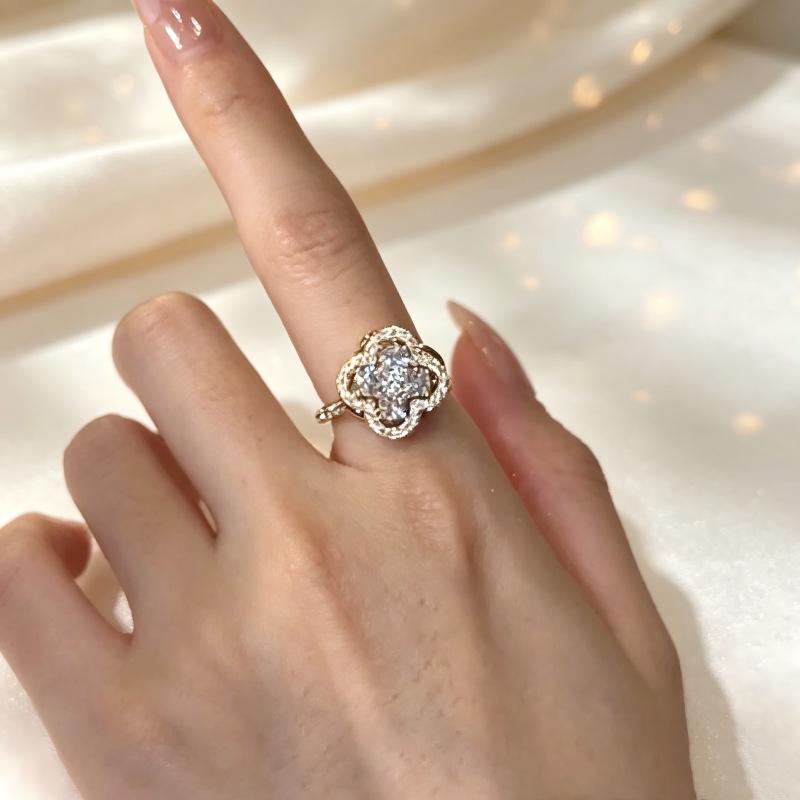 Elegant Double Layer Hollow Diamond Four-Leaf Clover Flower Open Ring for Women's Index Finger