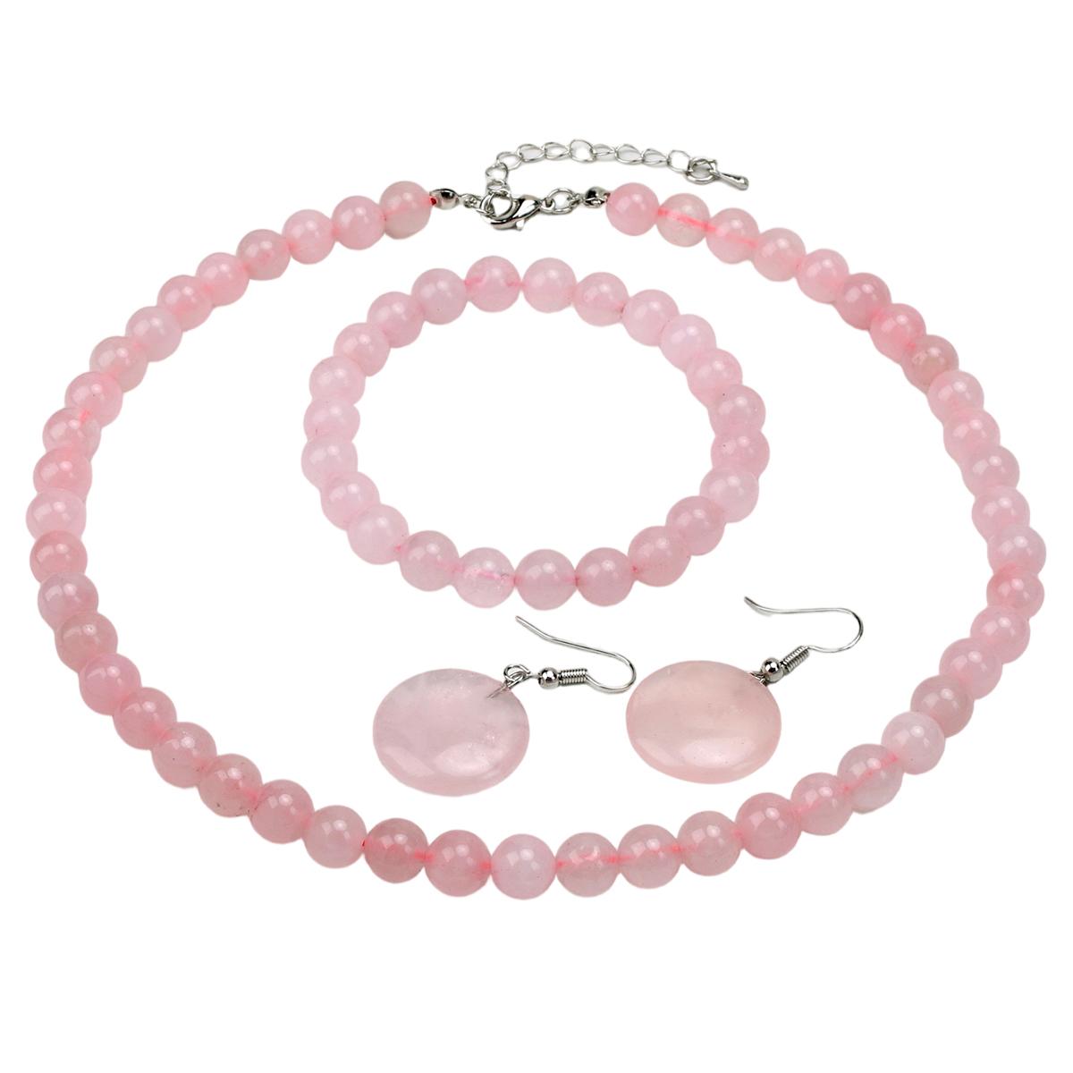 

Натуральный камень Розовый кварц Круглый Набор ожерелья, браслета и серег Богемный Женская мода Милый Ручной работы Циркон розовый