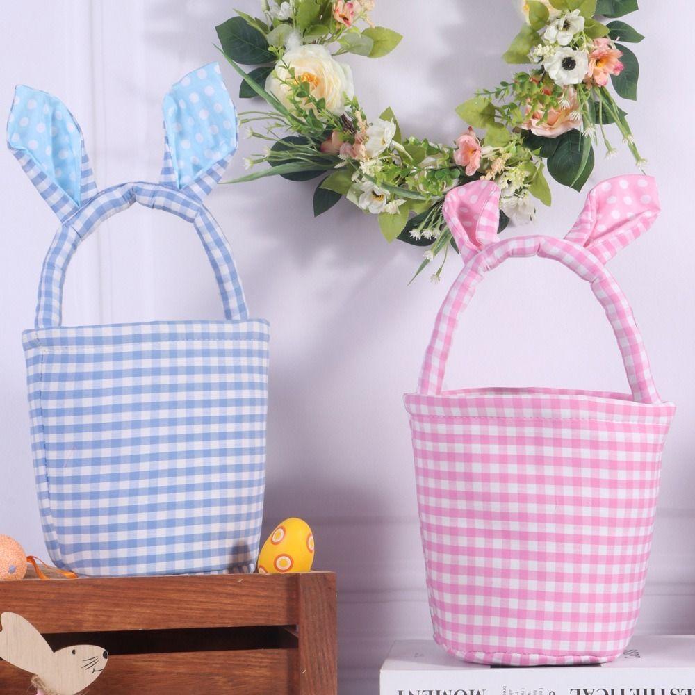 Grid Design Rabbit Ear Basket Plaid Pattern Moisture Resistant Easter Eggs Basket Reusable Bunny Ear Handle Easter Party Basket