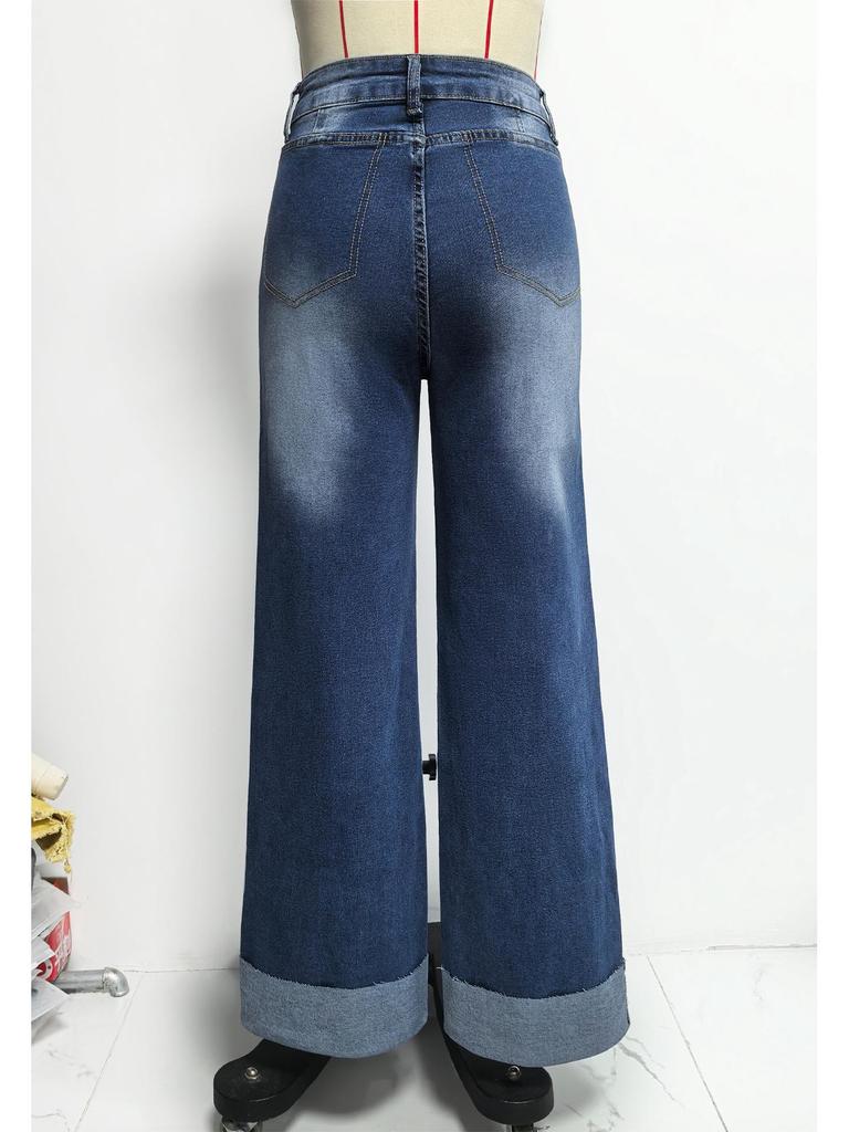 2026 Spring Women's High-Waisted Retro Wide-Leg Jeans with Center Seam Cuffs