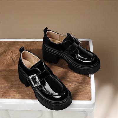 2025 Mode Kristall Elegant Pumps Damen Rund Zehen Hoch Plateau Dicke Absätze Frau Mikrofaserleder Damenschuhe
