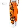 Women Sweatpants Elastic High Waist Adjustable Drawstring Joggers Pants Halloween Pumpkin Print Fitness Pants