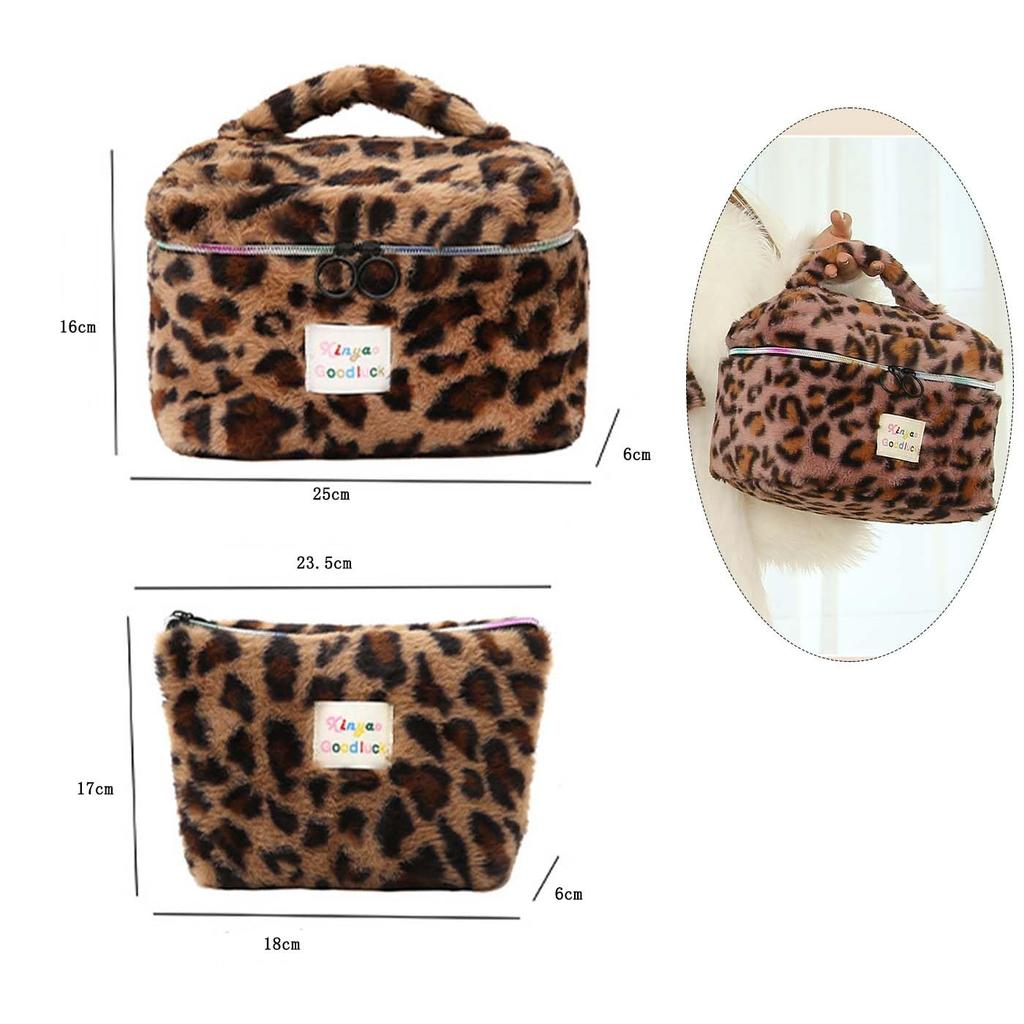 Leopard Print Cosmetic Pouch Set Large Vanity Cosmetic Makeup Large and Portable and Lightweight for Travel and Business Trips (2-Piece Set) - Fluffy,