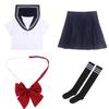 [DERAYEE] Sailor Uniform Cosplay Front-Opening Schoolgirl 4-Piece Set with Red Ribbon Skirt and Stockings White Navy (Short SizeS)