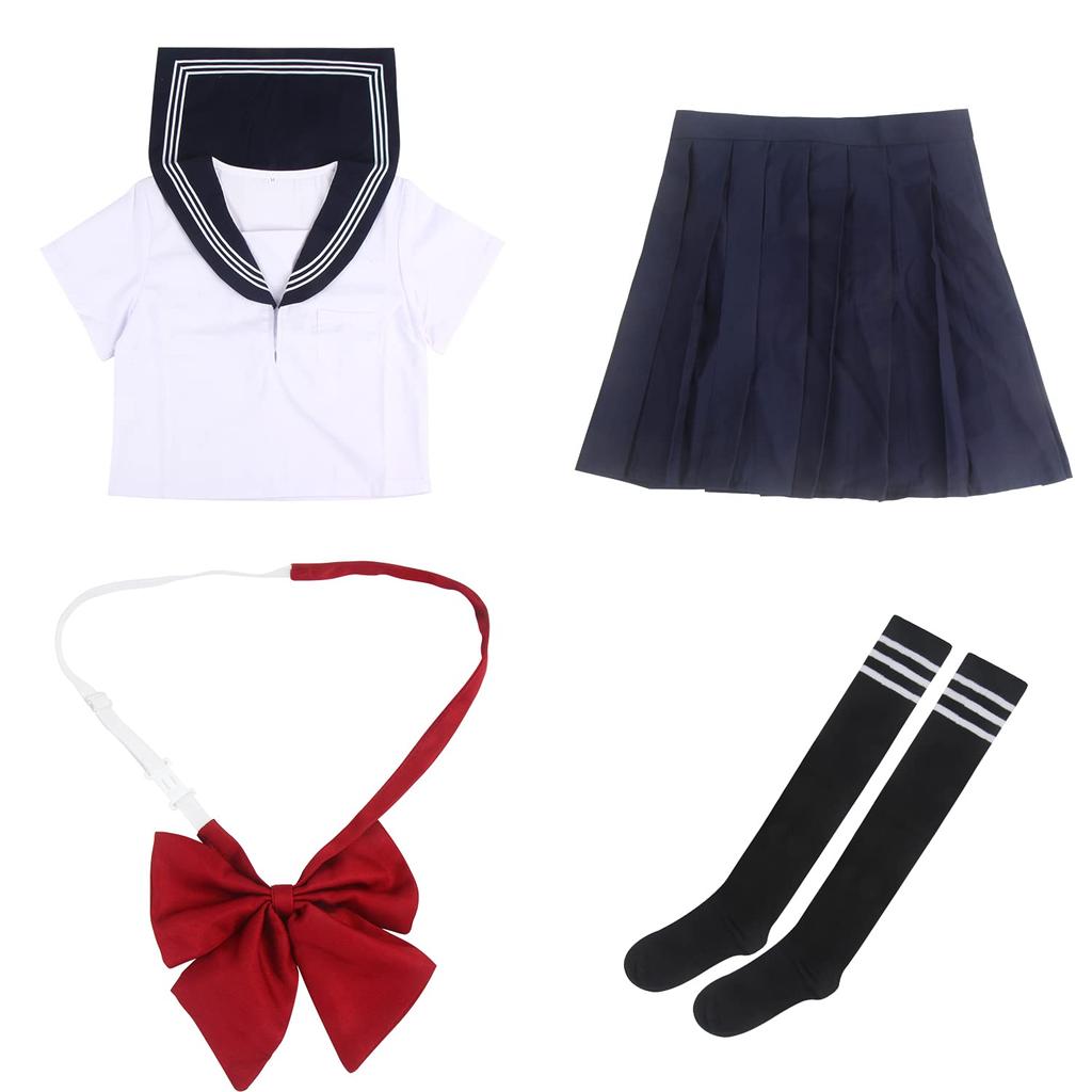 [DERAYEE] Sailor Uniform Cosplay Front-Opening Schoolgirl 4-Piece Set with Red Ribbon Skirt and Stockings White Navy (Short SizeS)