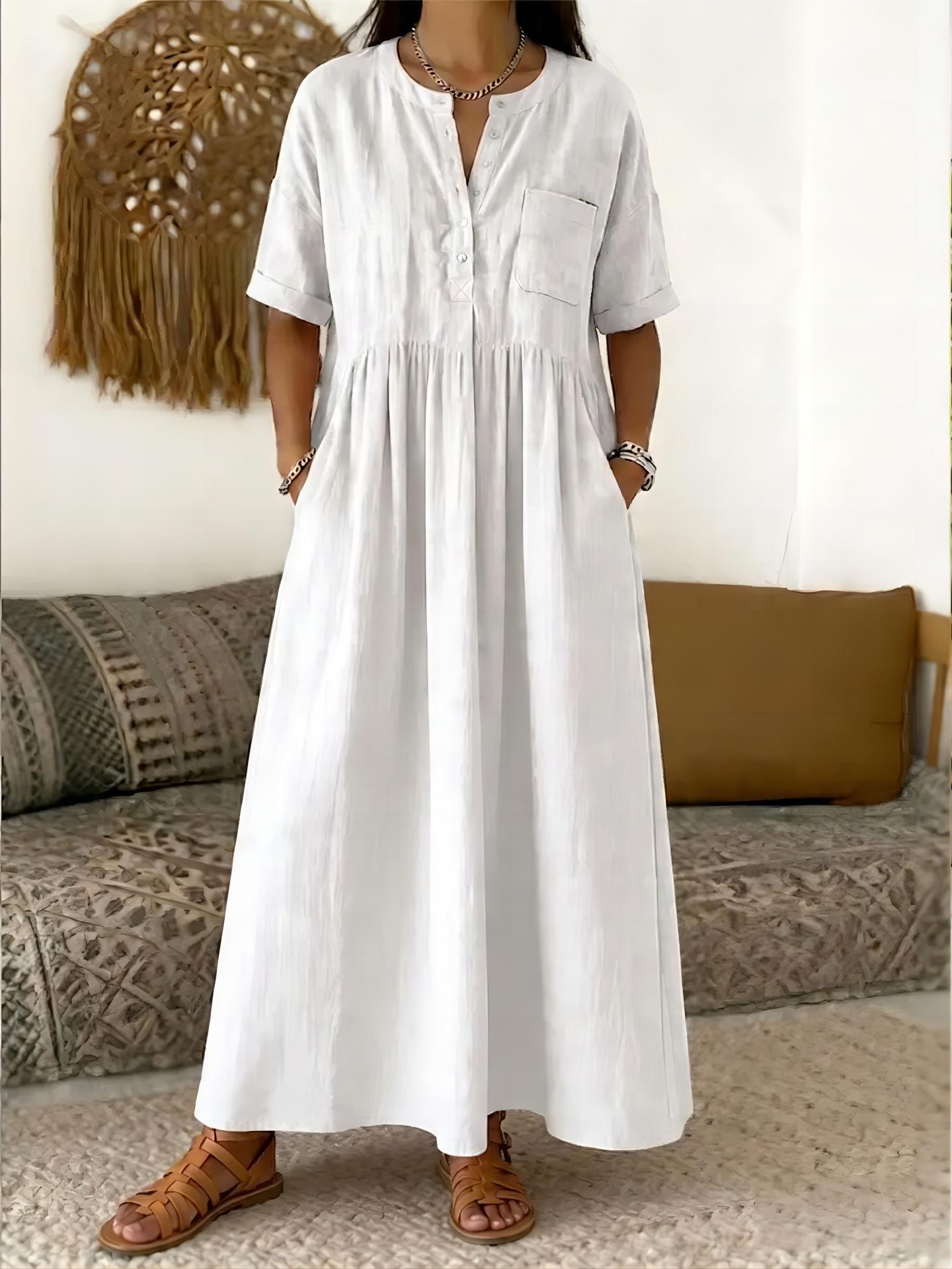 

Women s Half Button Short Sleeve Linen Maxi Dress Casual A-Line Summer Dress with Pockets S белый