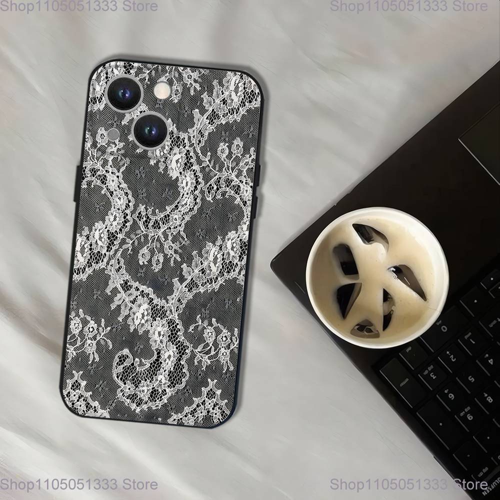 Vintage Lace Phone Case For iPhone 17,16,15,14,13,12,11,Pro,XS,Max,XR,Plus,E,SE4,Mini Black Soft Cover