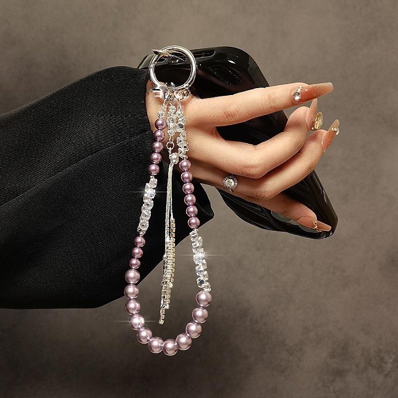Luxury Premium Sparkling Diamond Tassel Crystal Mobile Phone Lanyard, Large Flower Pearl Short Portable Phone Chain Pendant