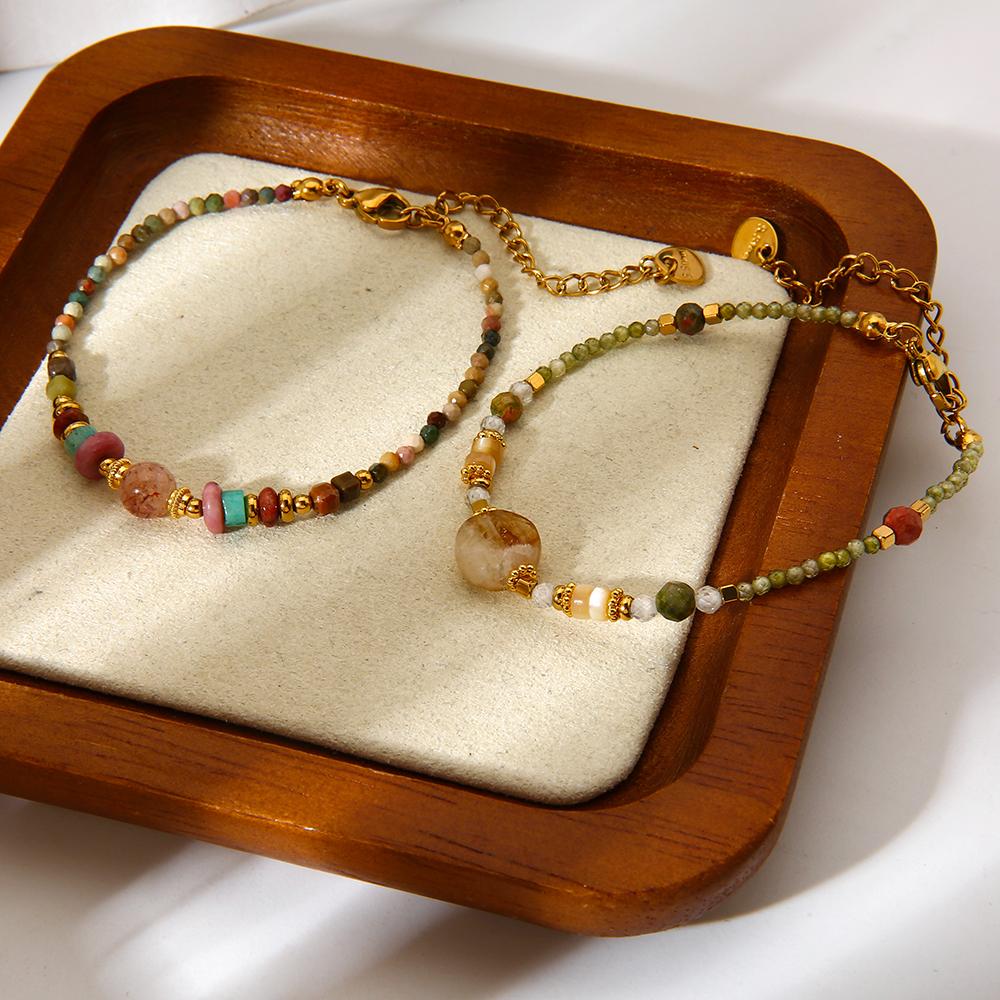 Delicate Jewelry Stainless Steel Mix Color Beads Natural Stones Charms Beaded Bracelet Necklace for Party