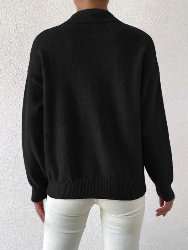 Women's Solid Color Loose Knit Sweater - Half-High Neck, Long Sleeve, Autumn/Winter Fashion.