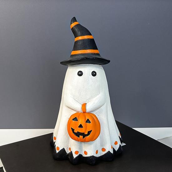 Halloween Ghost Statue Small White Ghost with Pumpkin Figurine Cute Ghost Resin Tabletop Ornament for Indoor Outdoor Halloween Decor