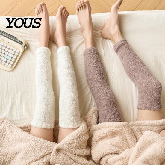 Thickened Velvet Calf Sleeves Coral Fleece Leg Warmers for Women, Winter Thermal Knee High Warm Protectors Socks, Striped/Solid Color, Soft
