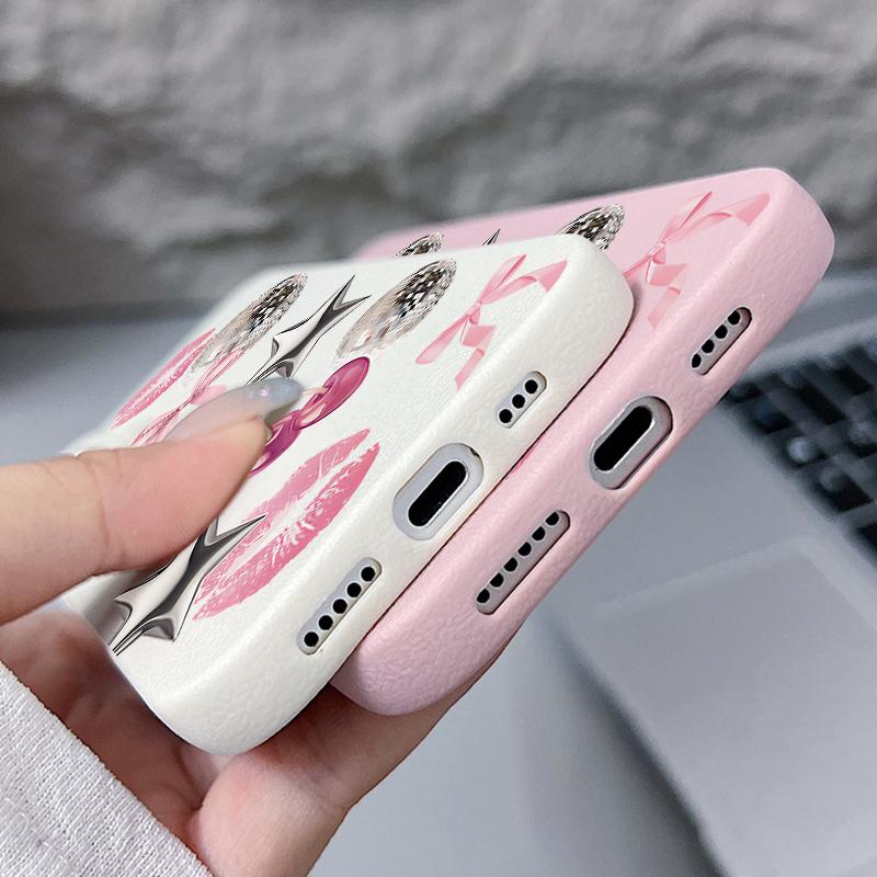 Cherry Bowknots Lips Disco Ball Pattern Case For iPhone 17 Pro Max iPhone 16 Pro Max 15 14 13 12 11 16E Air Luxury Leather Texture Silicone Cover