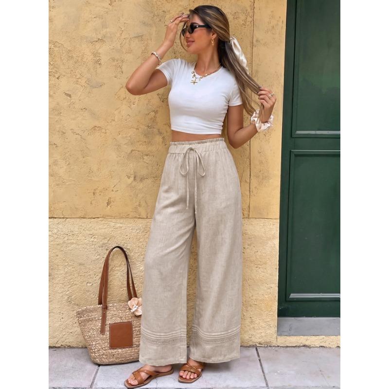 Women Casual Solid Color High Waist Drawstring Wide Leg Straight Long Pants