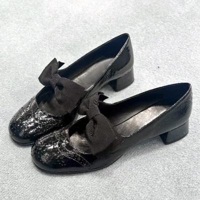 Projektantka Skórzane Buty Mary Jane z Kokardą na Grubej Podstawie Codzienne Buty Damskie Luksusowe Rzeźbiona Cholewka Damskie Szpilki Zapatos De Mujer