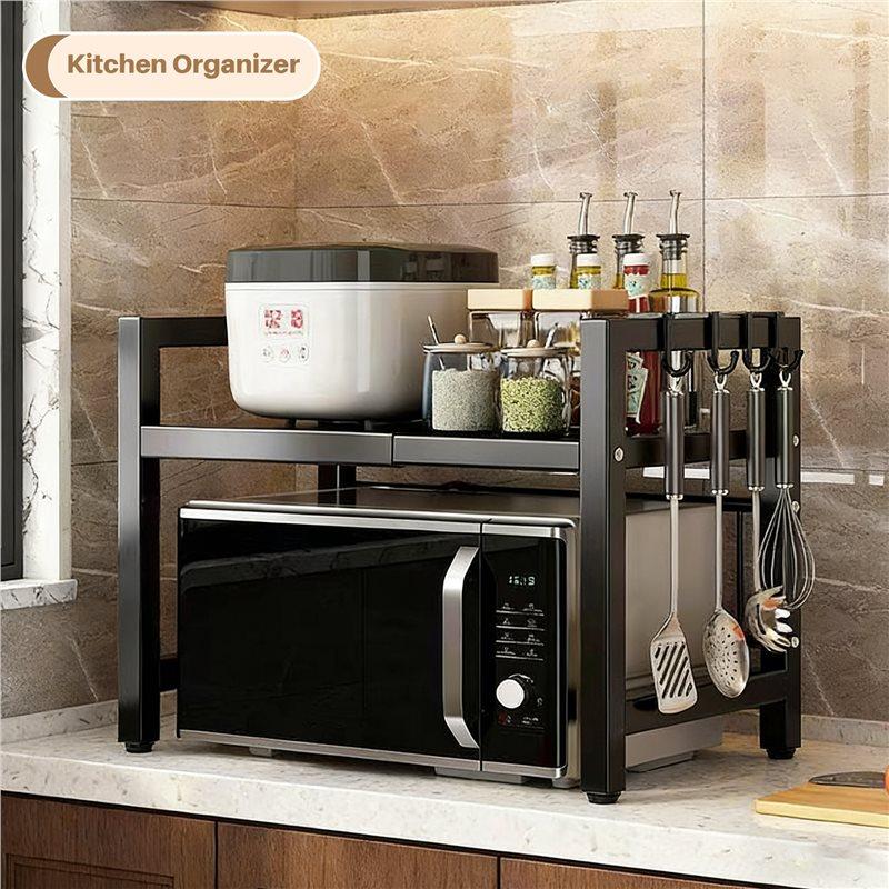 A34R Microwave Shelf 3-Tier Extendable Worktop Shelves With 6 Hooks, Kitchen Shelf, Spice Rack