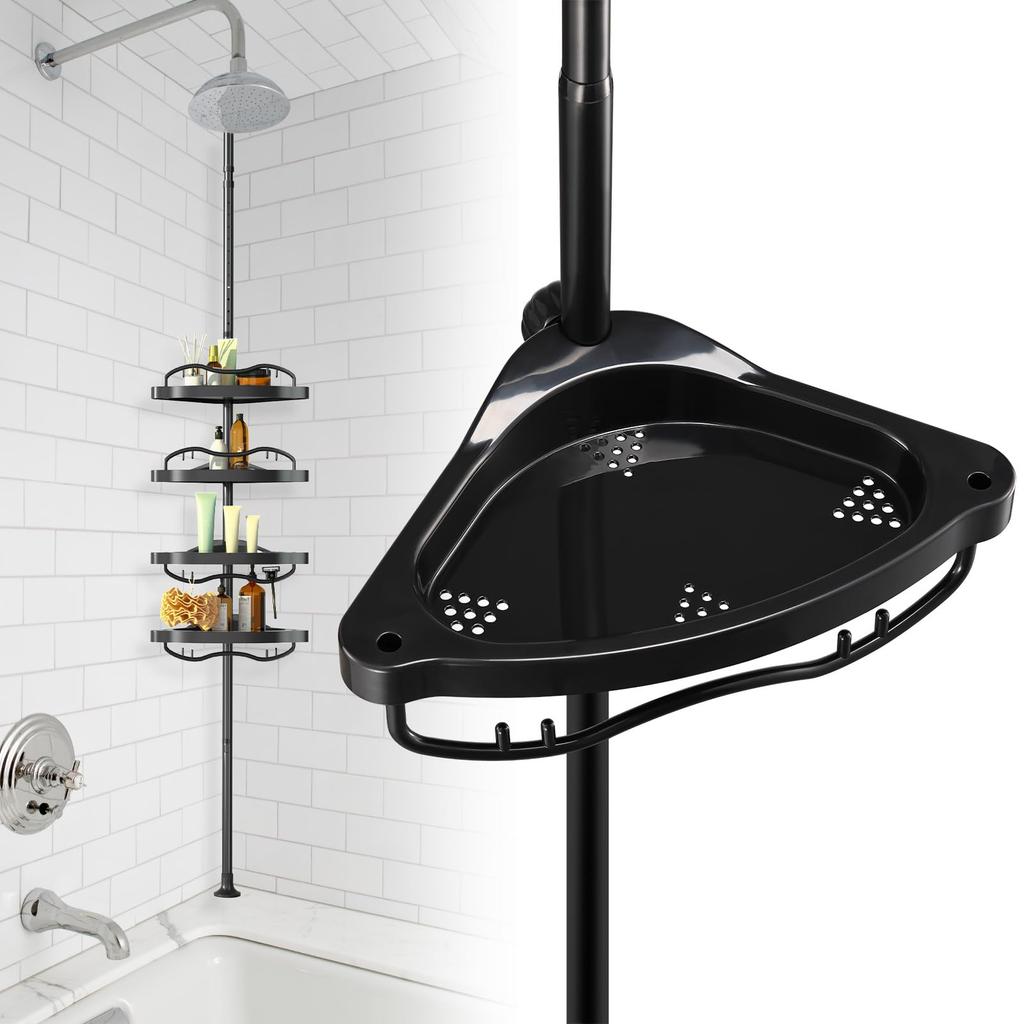 Bathroom Adjustable Tension Pole Corner Shower Caddy with ABS Rustproof Stainless Steel No Drill Shower Large Shower Storage Shelf for Rack, 140-310cm