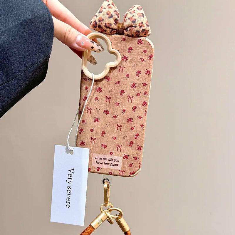 Brown Leather Pattern Small Floral Bow for IPhone17promax Mobile Phone Case for Apple 15plus/16/13