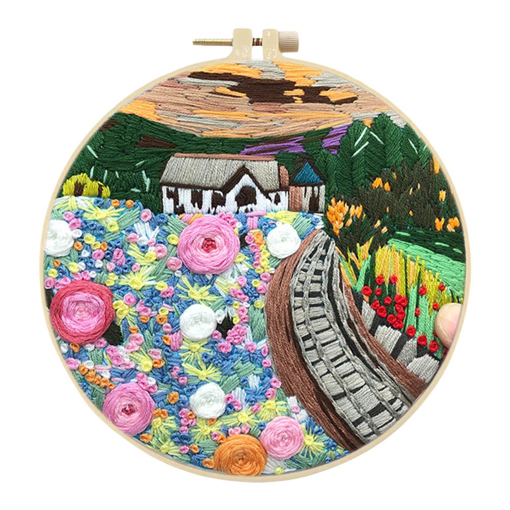 Flowers Stamped Cross Stitch Embroidery Kits with Hoop Cloth Color Thread