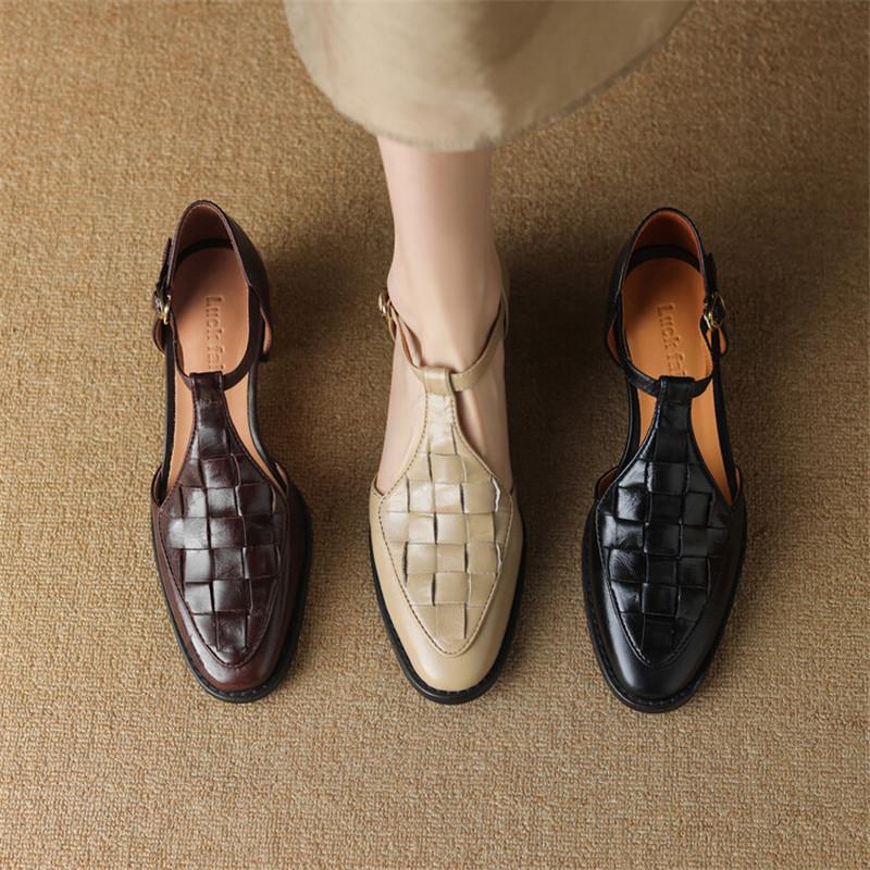 Fashion New Summer Genuine Leather Sandals Women 2025 Round Toe Shoes Chunky Heel Cover Toe Sandals for Women Handmade Cow Leather Shoes