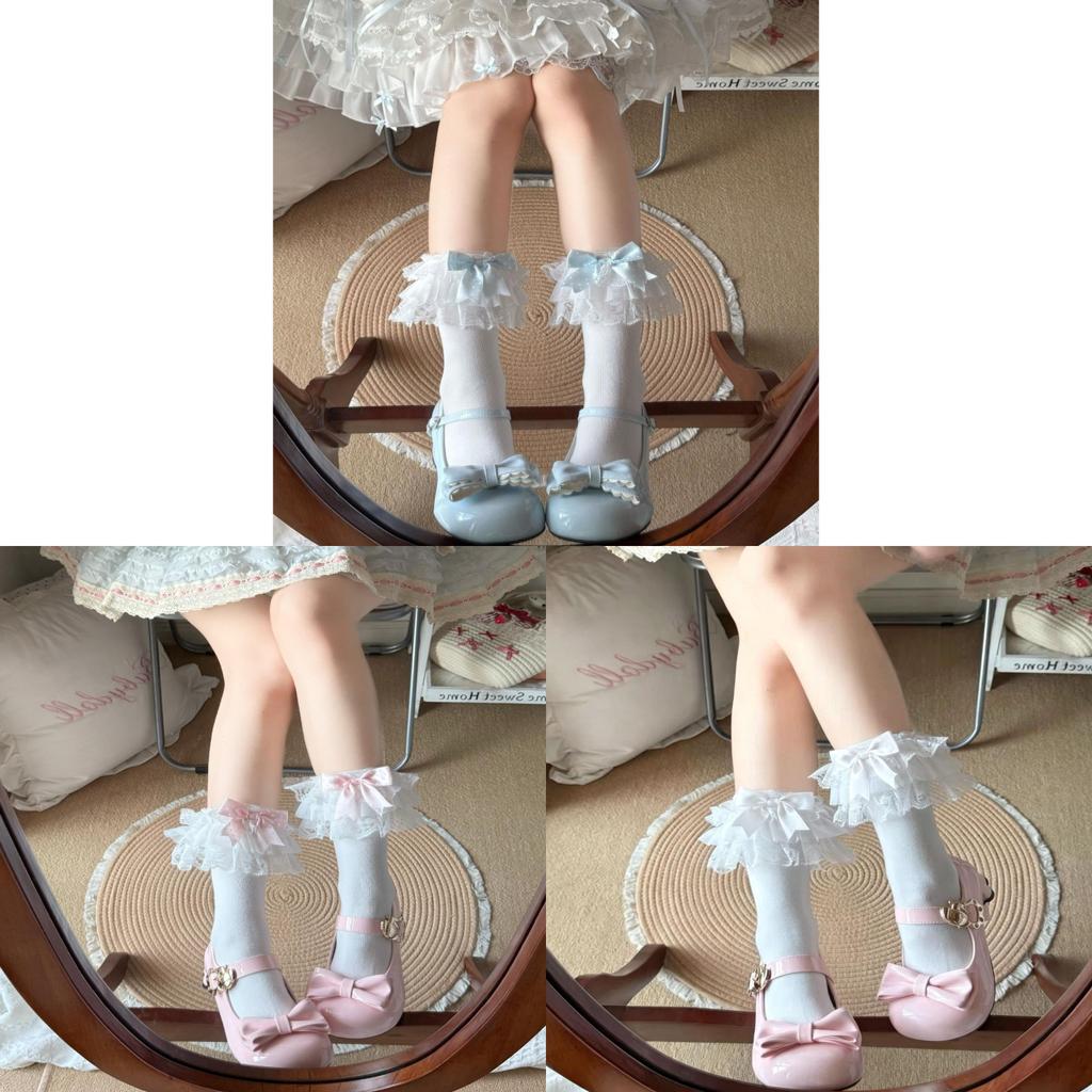 Lolita Cotton Socks With Polka Dot Bow Lace For Girls Spring Summer