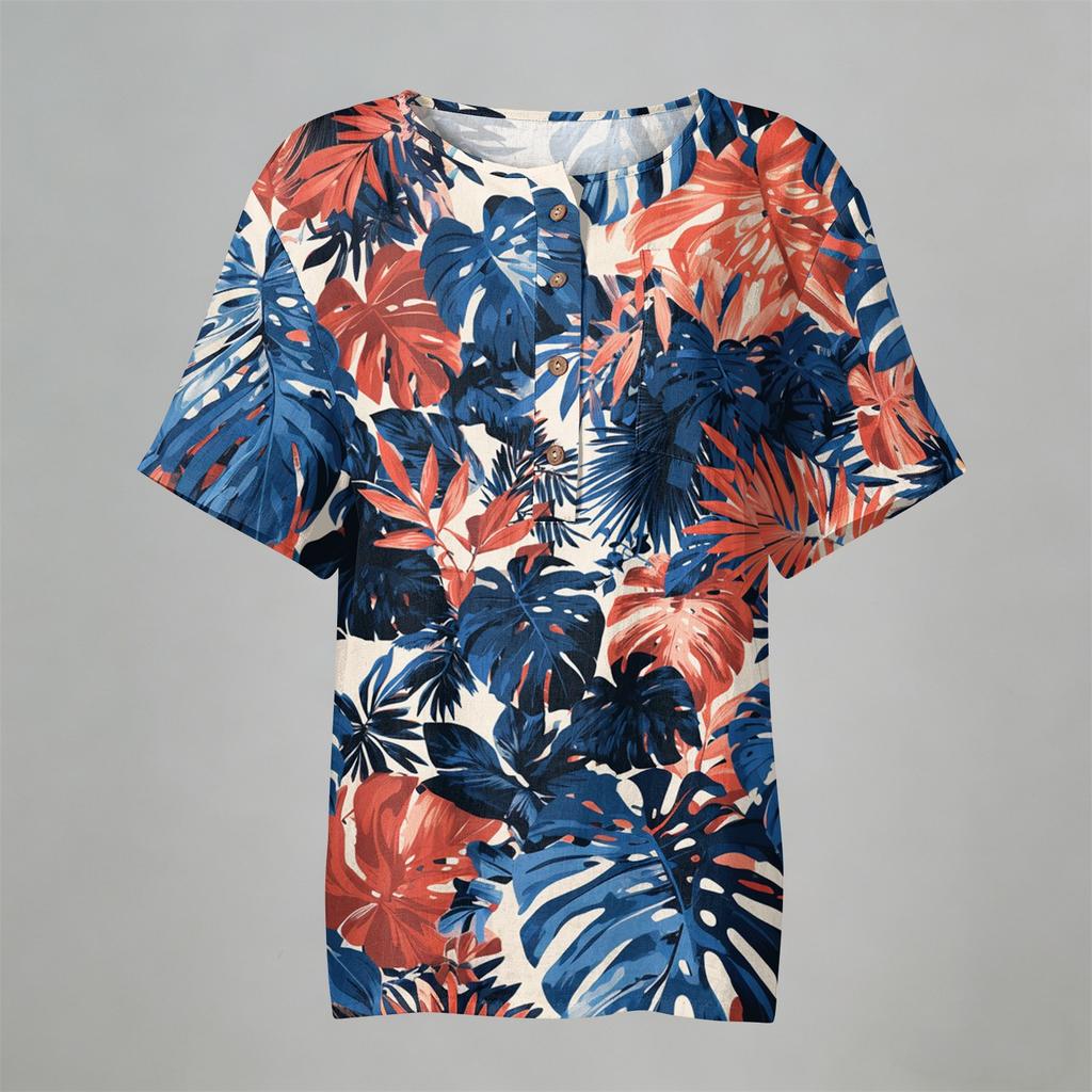 Damen Freizeit Hemd mit Print, Henley-Knopfleiste, kurzen Ärmeln, Baumwoll-Leinen-Mischung und Brusttasche für den Sommerlichen Alltagsgebrauch