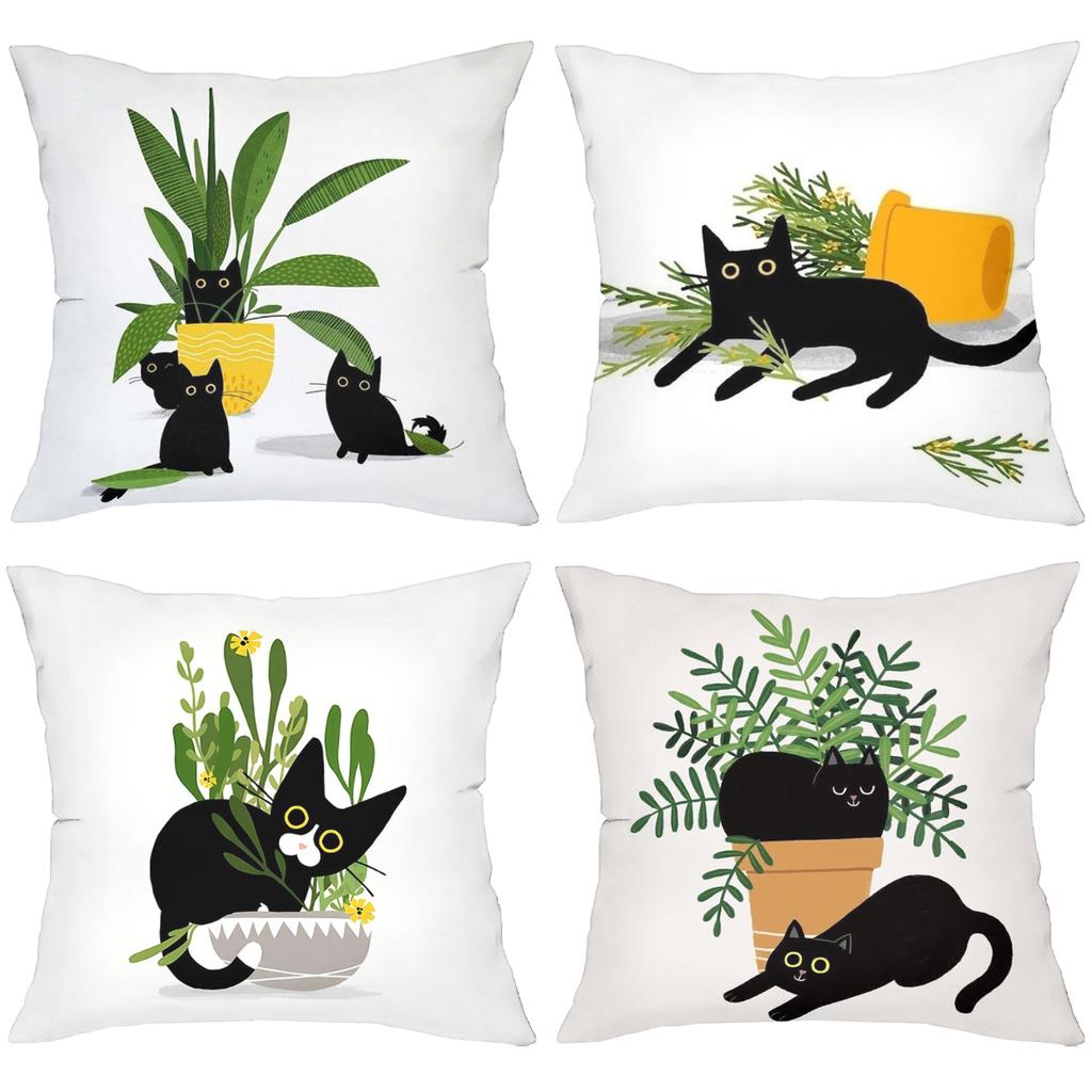 Black Cats Playing Among Potted Plants Decorative Cushions Polyester pillowcase, sofa decorative cushion cov Headboard Pillow