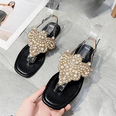 2024 Women Ethnic Bohemia Flat Sandals Shoes Woman Crystal Flower Flip Flop Beach Sandals Casual Shoes Pearl Clip Foot Flat Drag