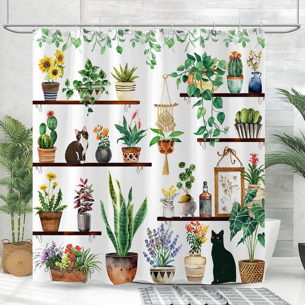 Plants Cat Shower Curtain Cute Shower Curtain for Bathroom with 12 Hooks Polyester Fabric Waterproof Shower Curtains for