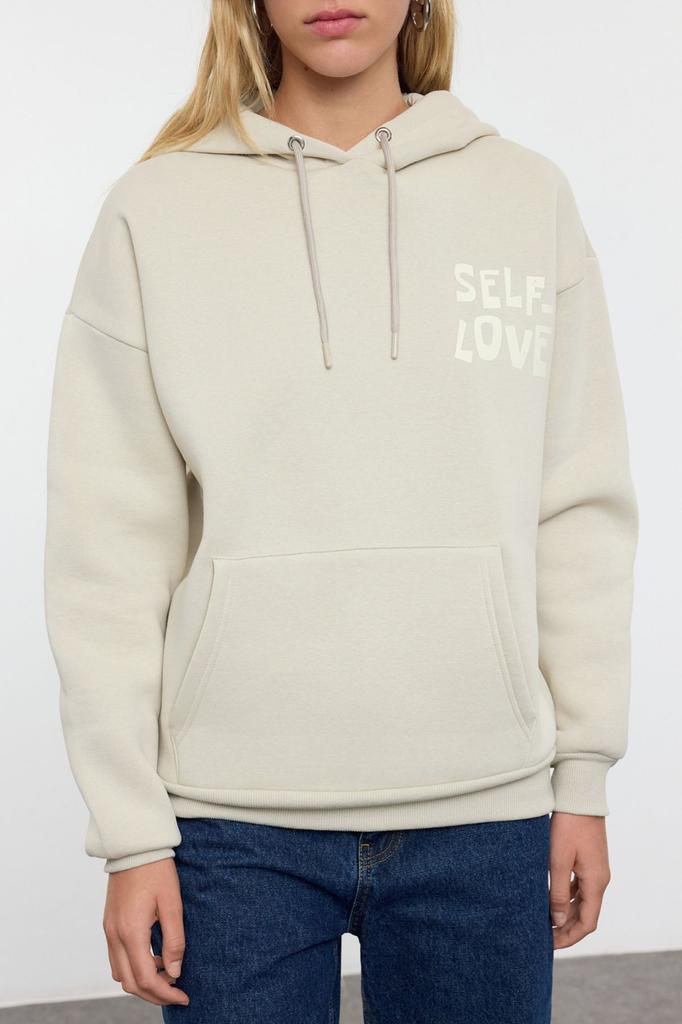 Women's Fashionable Stylish Sweatshirt Stone Back Print Detailed Oversize Wide Fit Thick Inside Fleece Knitted Sweatshirt