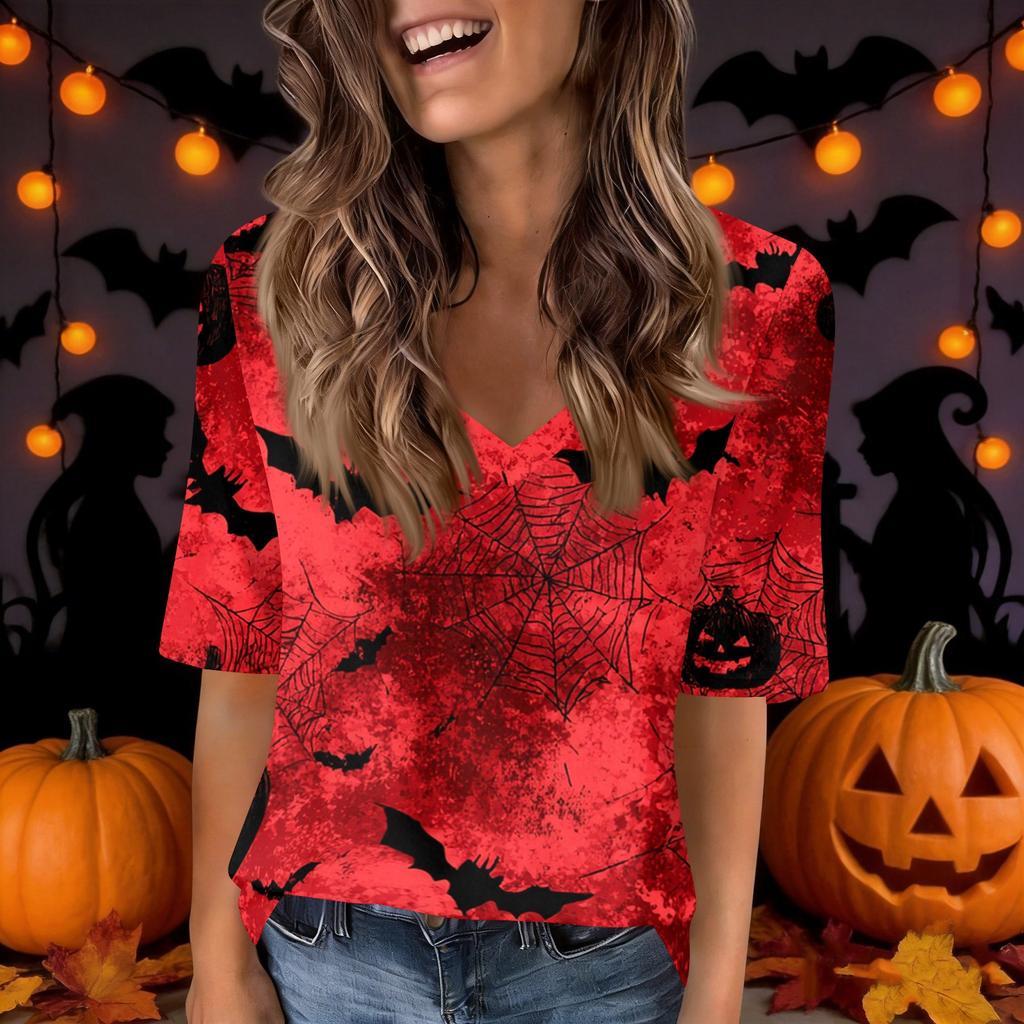 Women's V-Neck Short Sleeve Halloween Print Casual Top