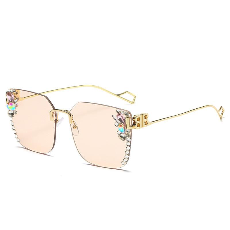 Trendy B Brand Sunglasses For Women Crystal Inlaid Pink Lens Gold Frame Uv400 Fashion Eyeglasses StyleD