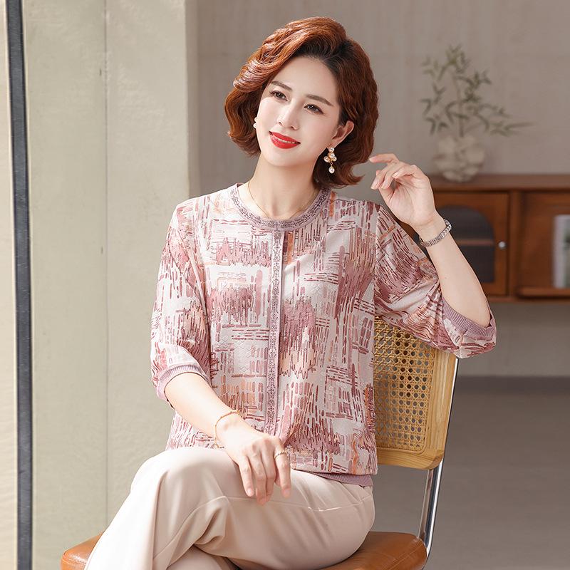 

Spring Silk Blouse: New Style Short-Sleeve for Middle-Aged & Elderly Women 3XL (Recommended for 120-135 lbs) розовый