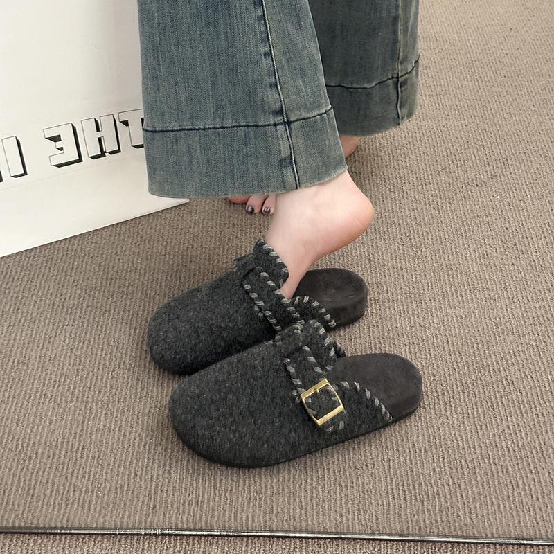 2025 Autumn New French Round Head Flat Bottom Half Slippers Women's Wear Versatile Fashion Bag Head Slippers Women's Shoes