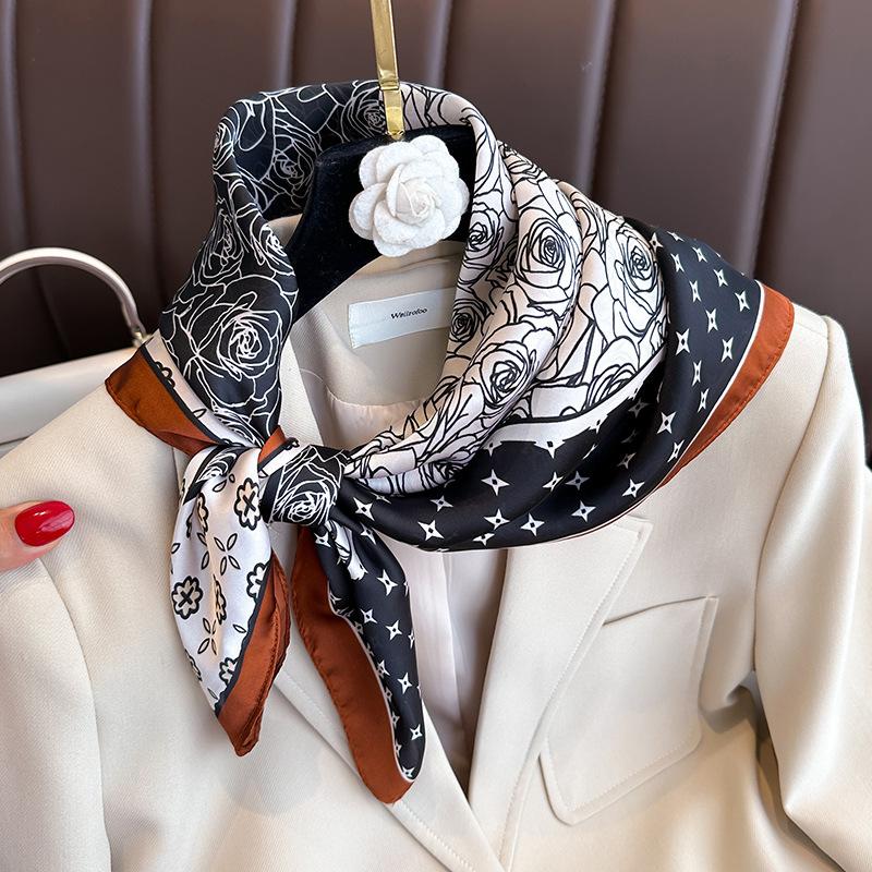 Rose Flower Print Square Scarf for Women Satin Fashion Wraps Neckerchief Female Hair Bands Headband Bandana 70X70CM