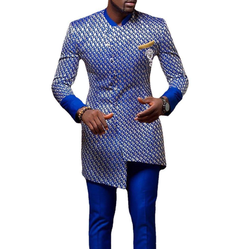 Youth Stand Collar Casual Blue Pattern Men's Long Sleeve Shirt