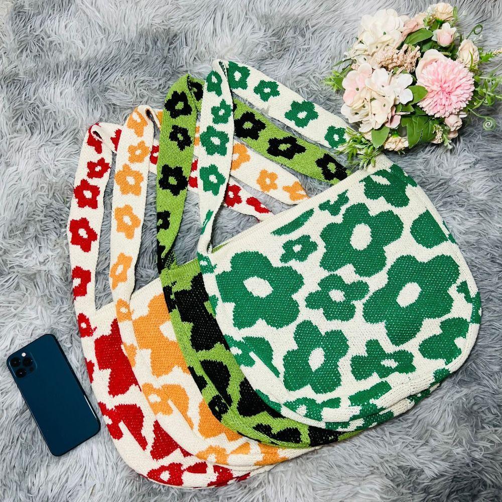

Large Capacity Knitted Shoulder Bag Flower Print Travel Shopping Bag Fashion Tote Bag