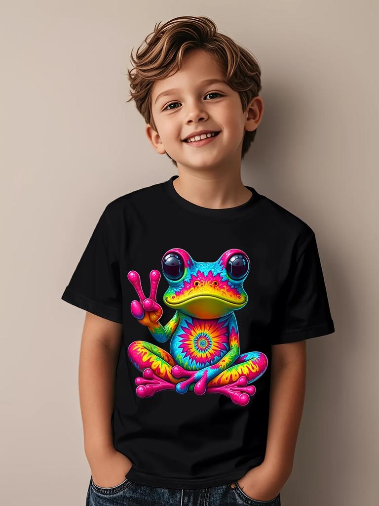 Children Crew Neck Short Sleeve T-Shirt with Colorful Frog Gesturing Yeah Print
