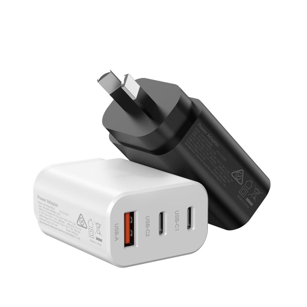 SAA-Certified 30W Charger: Dual Type-C + USB-A, QC3.0, AU Plug
