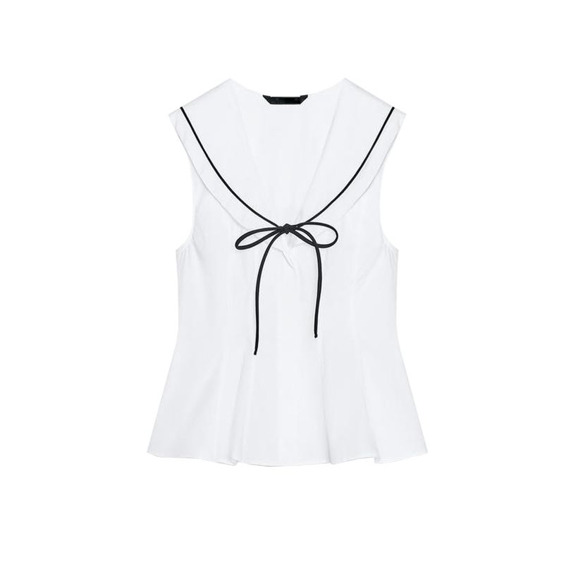 

Spring and Summer New Women s Clothing Nautica Style V Neck Sleeveless Contrast Color Bows Trim Poplin Tops 3152006 White L