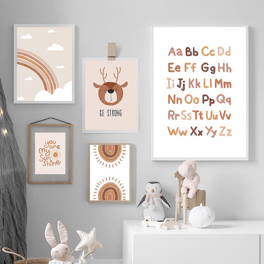Cartoon ABC Number Deer Sun Cloud Rainbow Nordic Posters And Prints Wall Art Canvas Painting Wall Pictures Baby Kids Room Decor