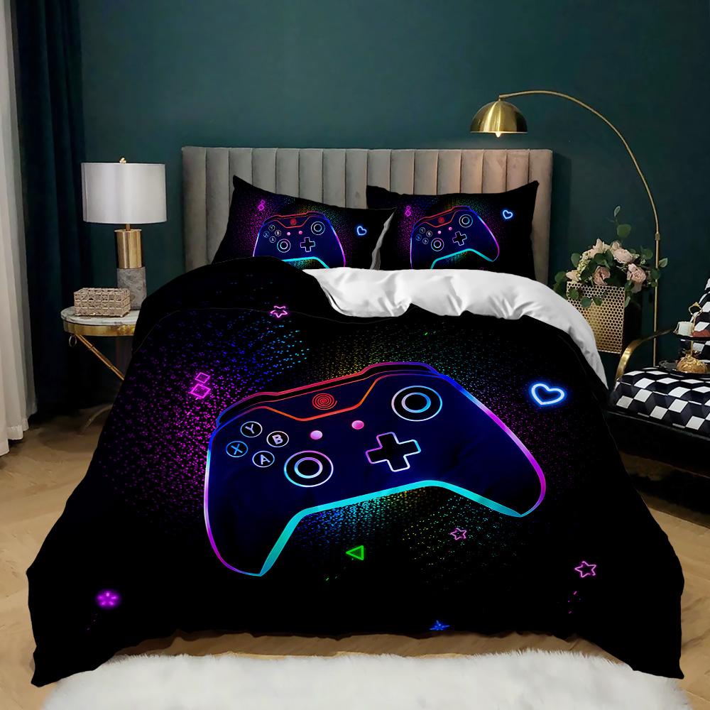Gamepad Duvet Cover Set Twin King Size Polyester Gaming Comforter Cover Gamer Decor For Teen Boys Green Neon Gamepad Bedding Set